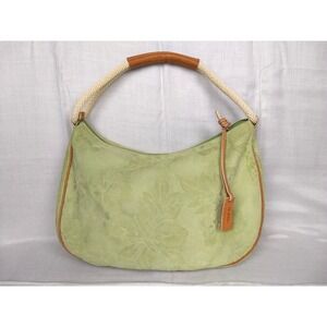 Claudia Firenze Italian Suede Leather Hobo Bag Pale Green Tan Trim Floral Zipper